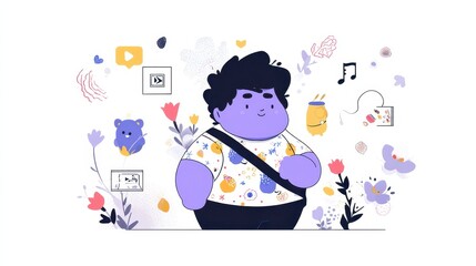 Cartoon Man Surrounded by Digital Media Icons