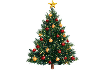 Fototapeta premium Decorated green fir Christmas tree with ornaments and star isolated on white background for holiday celebration