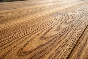 Naklejka premium Close-up of natural wooden surface showing detailed grain texture and warm brown tones, suitable for flooring, table tops, rustic decor, or design backgrounds. generative ai