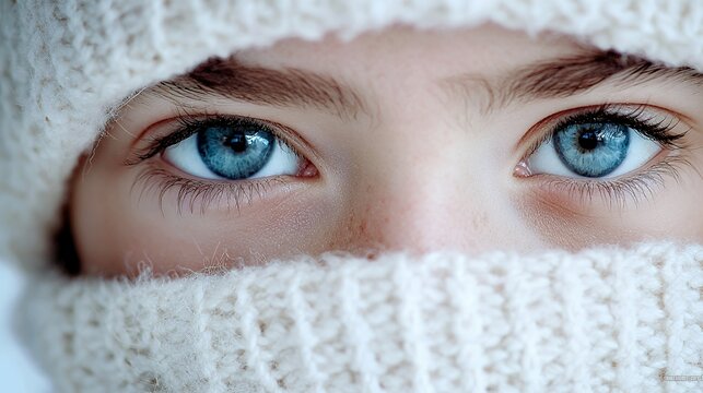 Close-up of Blue Eyes with White Knitwear