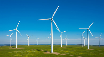 Fototapeta premium Wind Turbines in a Green Field under a Clear Blue Sky