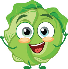 A smiling cartoon character of a green cabbage with large eyes and a happy expression
