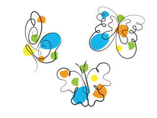 Three Abstract Butterflies Line Art Colorful Design
