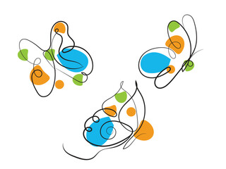 Three Abstract Butterflies Line Art Colorful Design