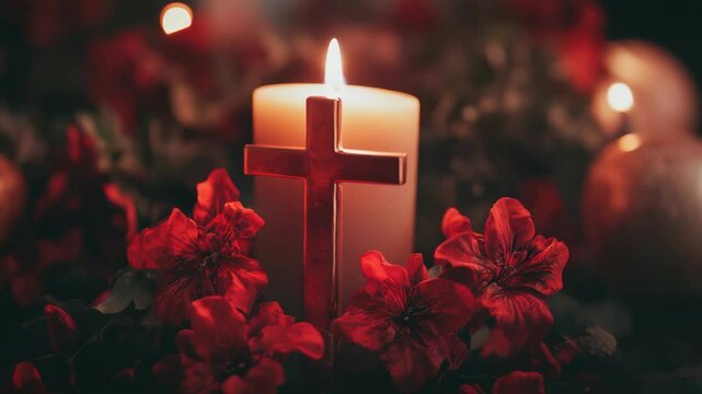 Lit candle with cross surrounded by red flowers, for remembrance, with copy space