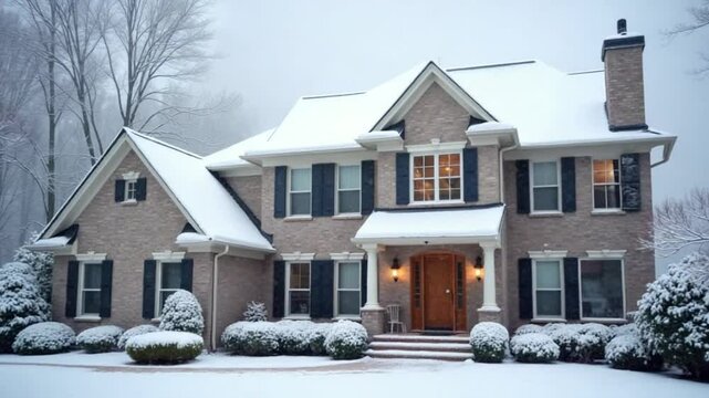 Home exterior in snow storm