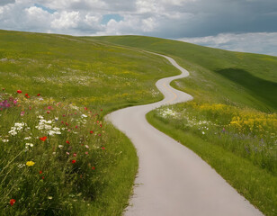 Obraz premium A winding country road lined with blooming wildflowers and lush green fields stretches towards the horizon under a sky dotted with fluffy white clouds, A natural background. A road in the mountains.