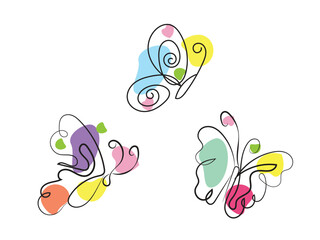 Three Abstract Butterflies Line Art Colorful Design
