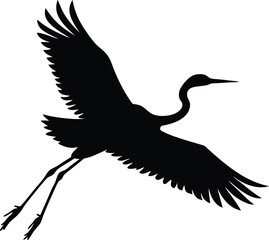 a black silhouette of a crane in flight isolated white background