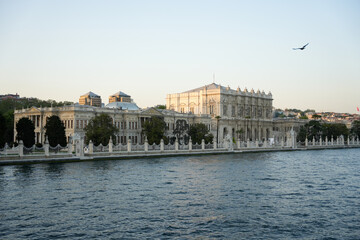 view of ciragan palace on the bosphorus, view from above the bosphorus on sunny day