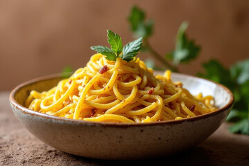Tempting Coconut Curry Noodles: Rustic Corner Food Photography with Warm Taupe Background