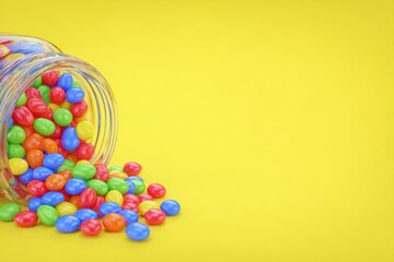 Obraz premium Colorful gummy candies spilled on bright yellow background