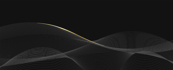 Elegant black background with abstract flowing white lines and a golden accent, perfect for luxury, tech, or minimalist design concepts.