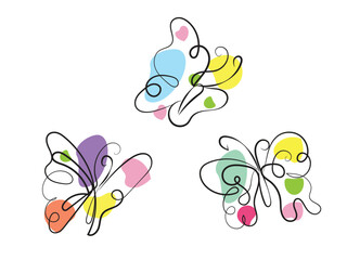 Three Abstract Butterflies Line Art Colorful Design