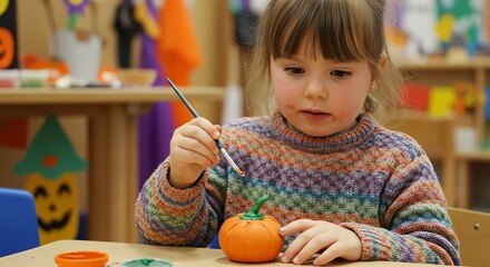 Fototapeta premium Girl paints pumpkin with paintbrush at table