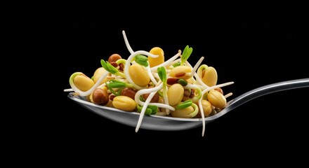 Spoonful of fresh sprouts and legumes on a black background. Concept of healthy eating, vegan food, and nutrition. Ideal for wellness, diet, and clean eating visuals.