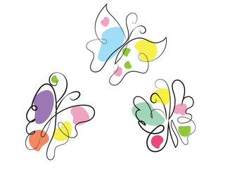 Three Abstract Butterflies Line Art Colorful Design