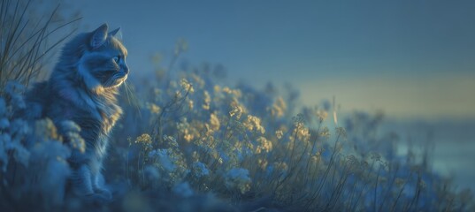 Minimalist cat silhouette amidst dreamy wildflower landscape