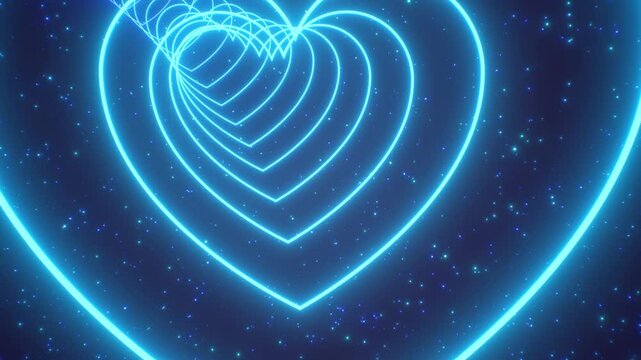 Moving Slowly Through Blue Neon Love Heart 3D Tunnel Glowing Light - 4K Seamless VJ Loop Motion Background Animation