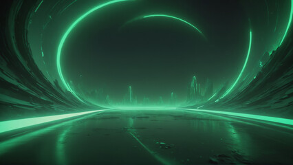 Obraz premium Abstract futuristic landscape with glowing green light trails and dark reflections