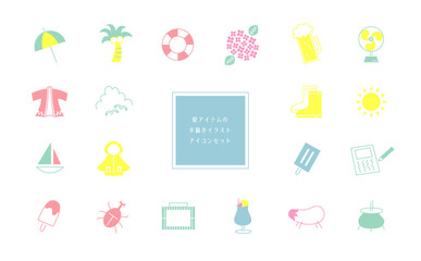 夏アイテムの手描きアイコンデザインセット
