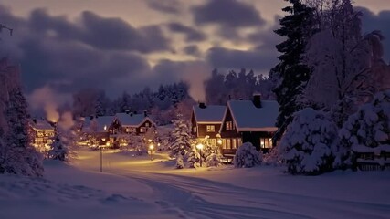 Snowy Village Road at Dusk in 4K - Powered by Adobe
