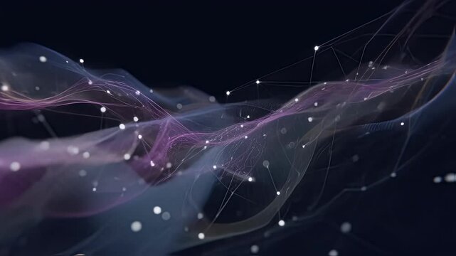 An abstract visualization of data streams cascading through a flexible liquidlike neural network with visual indicators representing adaptive learning as information flows through the