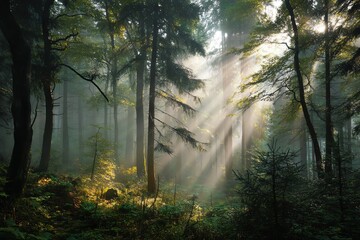 Fototapeta premium Sunlight shining through green forest trees