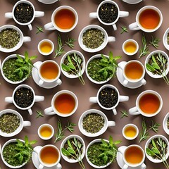 ceramic mugs with tea and herbs