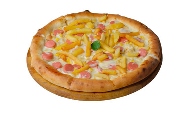 A round pizza with thick dough, cheese, sausage, fries, and greens on a white background. Cropped PNG object.