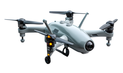 Military-style surveillance drone with dual antennas and thermal camera unit, realistic render, isolated to transparent background