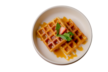 Two waffles with caramel, strawberry, and mint in a white plate, a cropped PNG object.