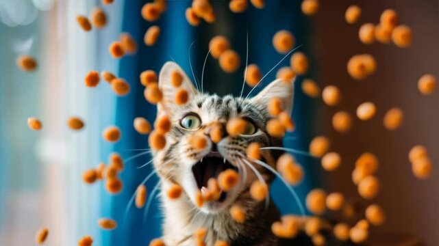 An excited cat catches flying kibble, showcasing a moment of joy and playfulness in a lively indoor setting.