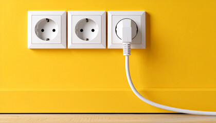 Una pared amarilla con una clavija de enchufe enchufado a la red eléctrica