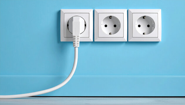 Una pared azul con una clavija de enchufe enchufado a la red eléctrica
