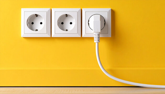 Una pared amarilla con una clavija de enchufe enchufado a la red el&eacute;ctrica
