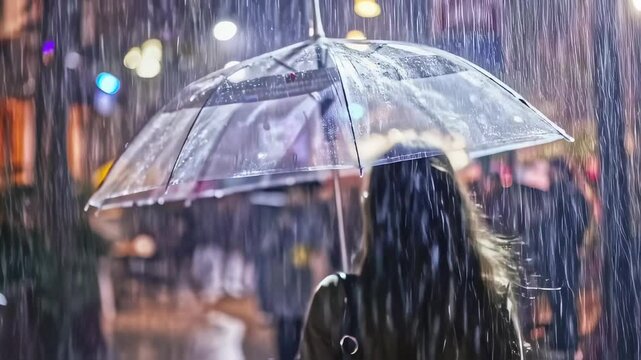 Rainy Night Cityscape: Woman with Umbrella