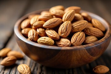 Variety of almond types filling a rustic wooden bowl, country, vintage