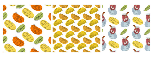 Citrus fruits slices, cinnamon stick, zest and drink in glass mulled wine cap Seamless pattern Set