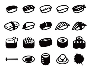 寿司とお茶などのアイコンのセット_黒ベタ