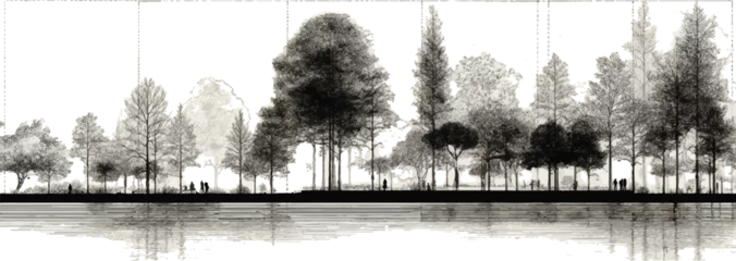 Fototapete Rund Weiß Architectural Drawings, Minimal style cad tree with roots line drawing and Tree Grunge vector, view, set of section wetland forest outline for landscape design drawing.  © appl