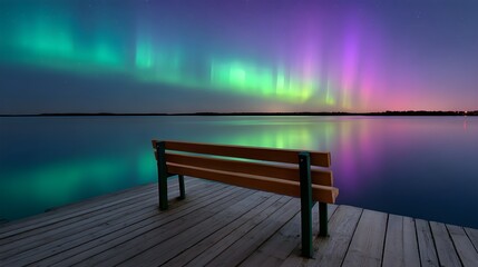 A minimalist bench on a floating dock under the northern lights, shimmering green and purple in the sky