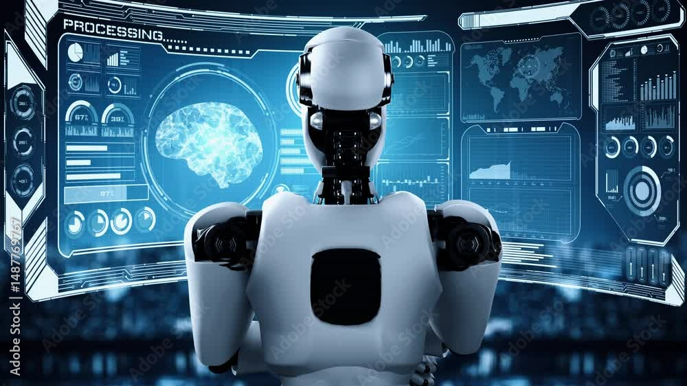Poster thinking ai hominoid robot analyzing hologram screen showing concept of ai brain and artificial inte