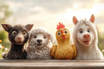 Fototapeta premium Five cute pets come to the camera, from left to right: sheep, cat, dog, chicken, pony.
