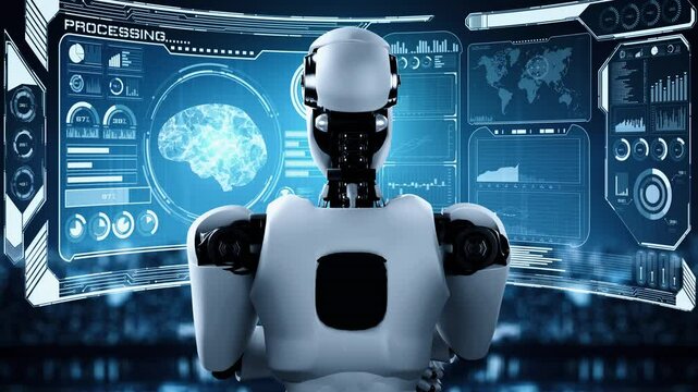 Thinking AI hominoid robot analyzing hologram screen showing concept of AI brain and artificial intelligence thinking by machine learning process. 3D rendering.