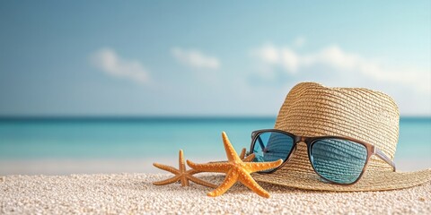 straw hat, sun glasses and sea star on a tropical beach