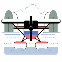 Seaplane taking off over water with green mountains in background  