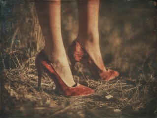 Close-up view of ruby red heels on a grassy field.