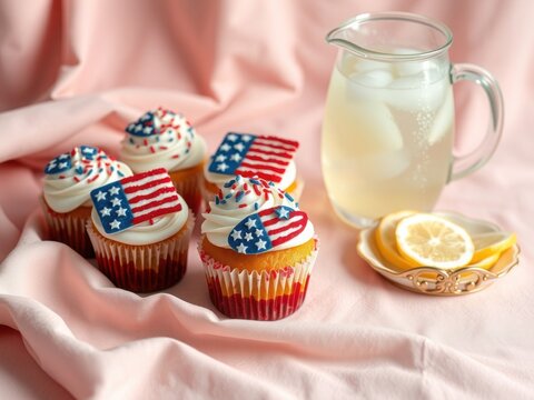 Patriotic cupcakes beside iced lemonade