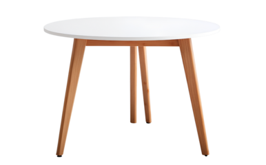  - A white, round table with wooden legs and a simple design, with a transparent background. 